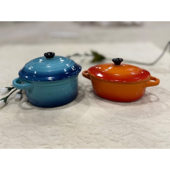 Miniature Blue & Orange Ceramic Casserole Dishes With Lids Butlers - Picture 1 of 14